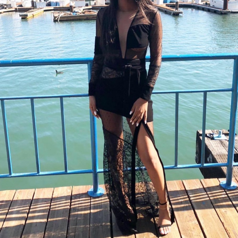 Mesh and laced detailed split dress